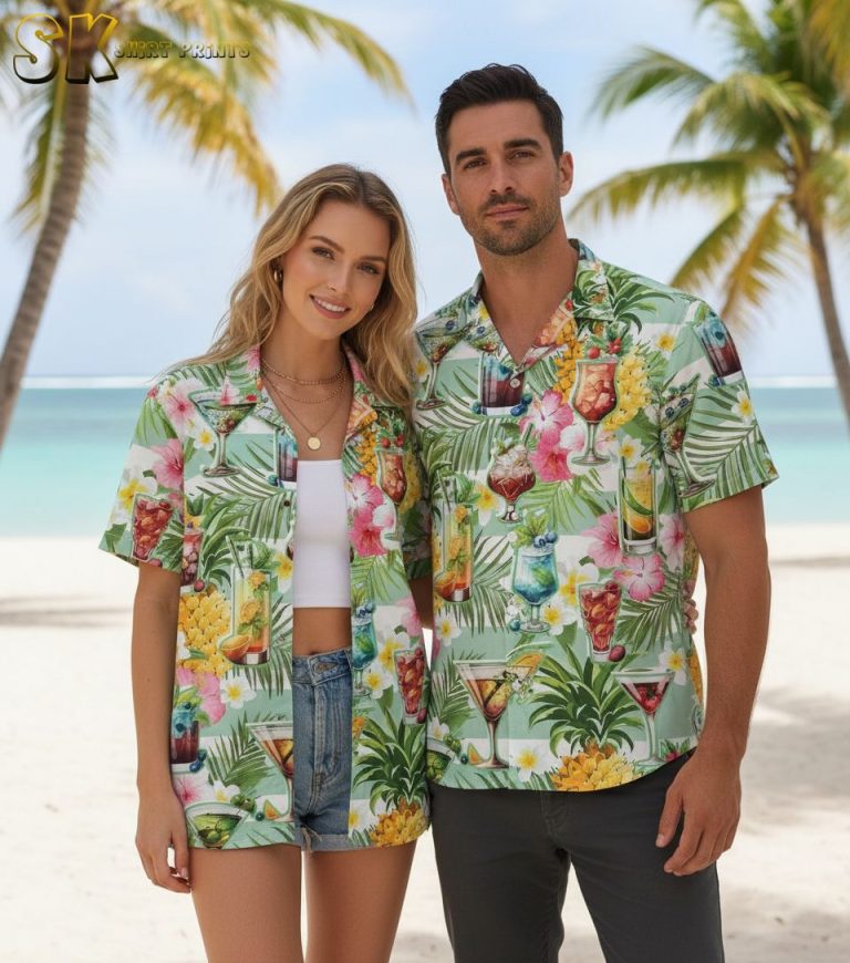 Cocktail Hawaiian Shirt for Men – Tropical Drinks Button Down Beach Shirt Short Sleeve Summer Aloha Shirt