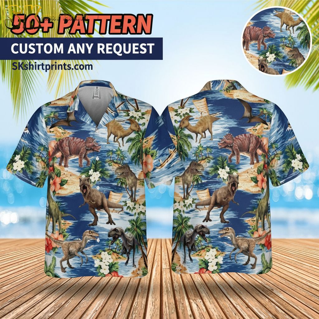Man wearing T Rex dinosaur Hawaiian shirt in casual lifestyle setting with tropical background