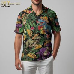 Man modeling t rex aloha shirt in relaxed summer lifestyle pose