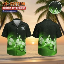 Male model wearing tropical tiki pattern bowling Hawaiian shirt in casual lifestyle setting