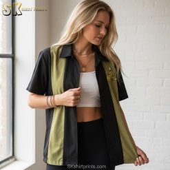 Size chart infographic showing tiki bowling Hawaiian shirt measurements and fabric details