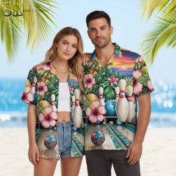 Model showcasing tiki-themed bowling shirt with tribal patterns and bowling motifs in outdoor setting