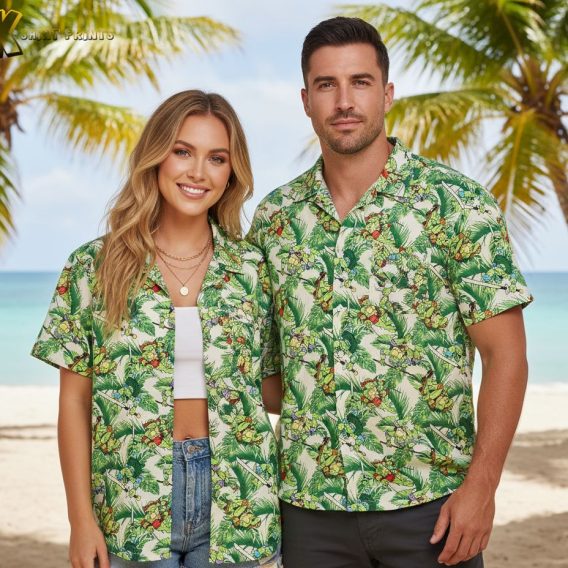 Adult male wearing TMNT character print Hawaiian shirt in relaxed standing pose