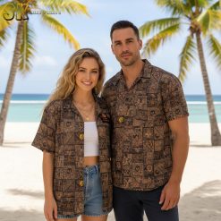 Close-up lifestyle shot of rooster top gun patches Hawaiian shirt showing detailed patch designs