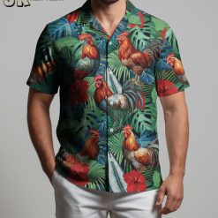 Male model posing in rooster themed Hawaiian shirt inspired by Top Gun Maverick character styling