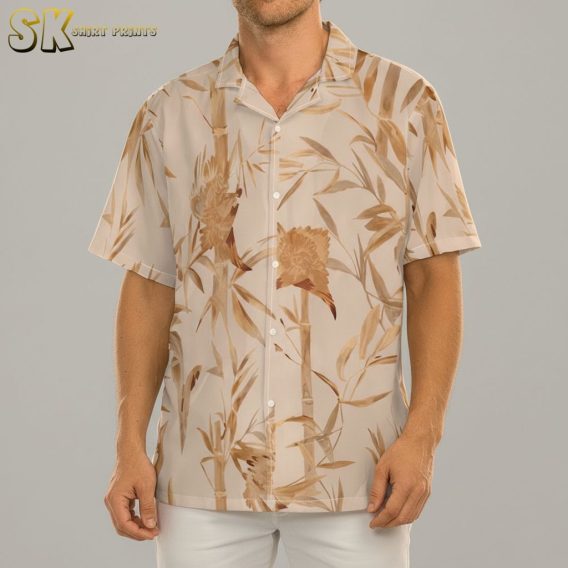 Man in relaxed pose wearing golden tropical print Aloha shirt, replicating Top Gun Rooster character outfit