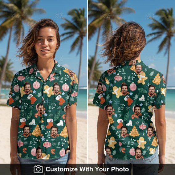 Woman wearing tropical Christmas Hawaiian shirt with Santa, gingerbread cookies and ornaments