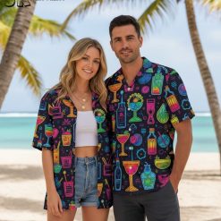 Person wearing tropical cocktail Hawaiian shirt in relaxed vacation setting with drink patterns visible