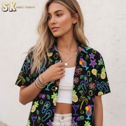 Product specifications for tropical cocktail Hawaiian shirt showing size chart and details