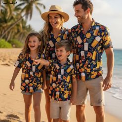 Tropical cocktail shirt collection displaying various color variations of beer and fruit Hawaiian pattern