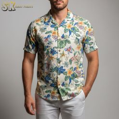 Female model posing in humorous tropical pattern Aloha shirt outdoors