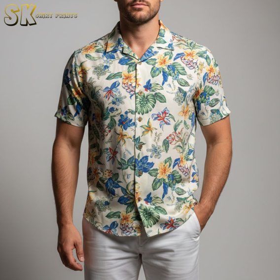 Female model posing in humorous tropical pattern Aloha shirt outdoors