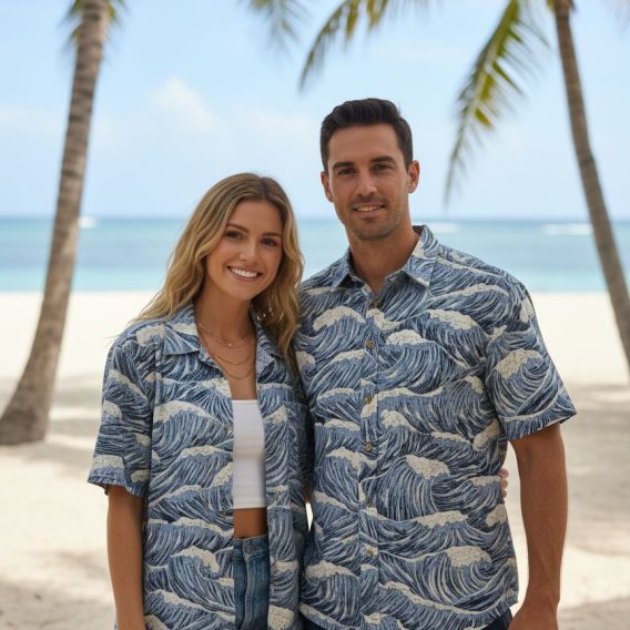 Male model in casual stance wearing tropical pattern Cooke Street aloha shirt against beach backdrop