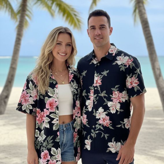 Male model standing outdoors wearing tropical print Cooke Street Hawaiian shirt with palm trees visible