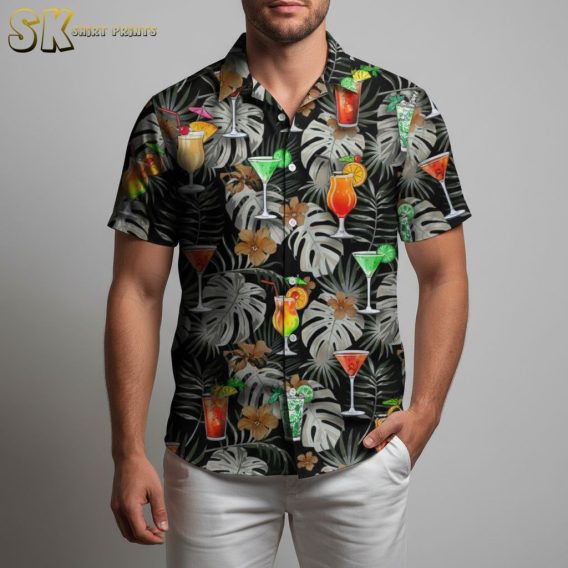 Model in tropical drink pattern Aloha shirt at summer party setting with tiki bar background
