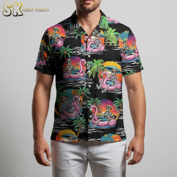 Skeleton Flamingo Hawaiian Shirt Men Women - Tropical Skull Pool Float Button Down Short Sleeve