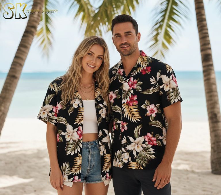 Men’s Black Hawaiian Shirt with Pink Hibiscus Flowers – Cotton Button Up Tropical Floral Shirt