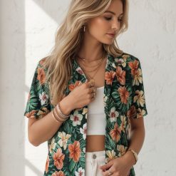 Tropical flower shirt size specifications and measurements guide for men's Hawaiian print summer clothing
