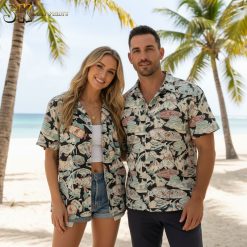 Male model showcasing colorful Aloha shirt in beach resort setting