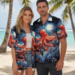 Person wearing hawaiian shirt octopus pattern in summer setting displaying colorful sea creature Aloha design