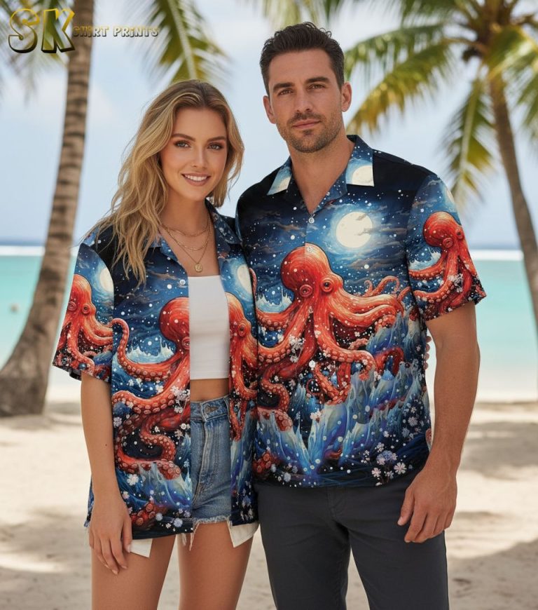 Octopus Hawaiian Sleeve Shirts Vacation Hawaiian Shirt – Deep Sea Print Button Down Beach Shirt for Summer