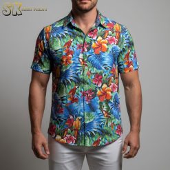 Male model in tropical parrot Aloha shirt walking on sandy beach with ocean background