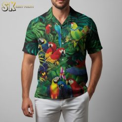 Man in tropical parrot Aloha shirt relaxing in beach chair with ocean background setting