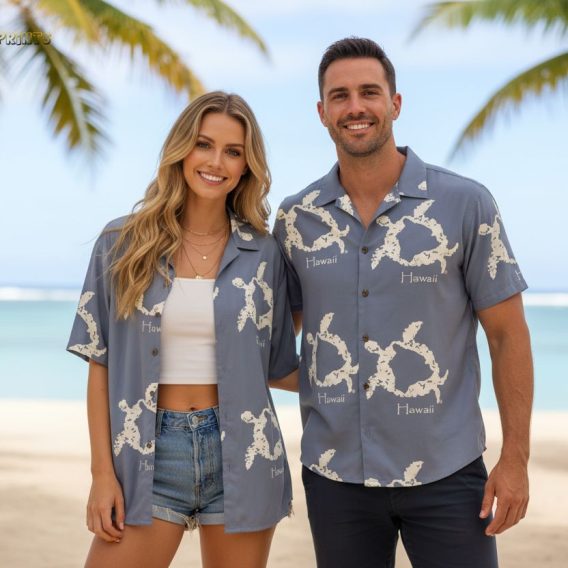 Person wearing ocean turtle themed Hawaiian shirt in relaxed vacation pose