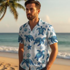 Collection overview showing multiple Hawaiian shirt designs with turtle themes displayed side by side