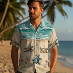 Collection overview showing multiple sea turtle Aloha shirt designs displayed side by side