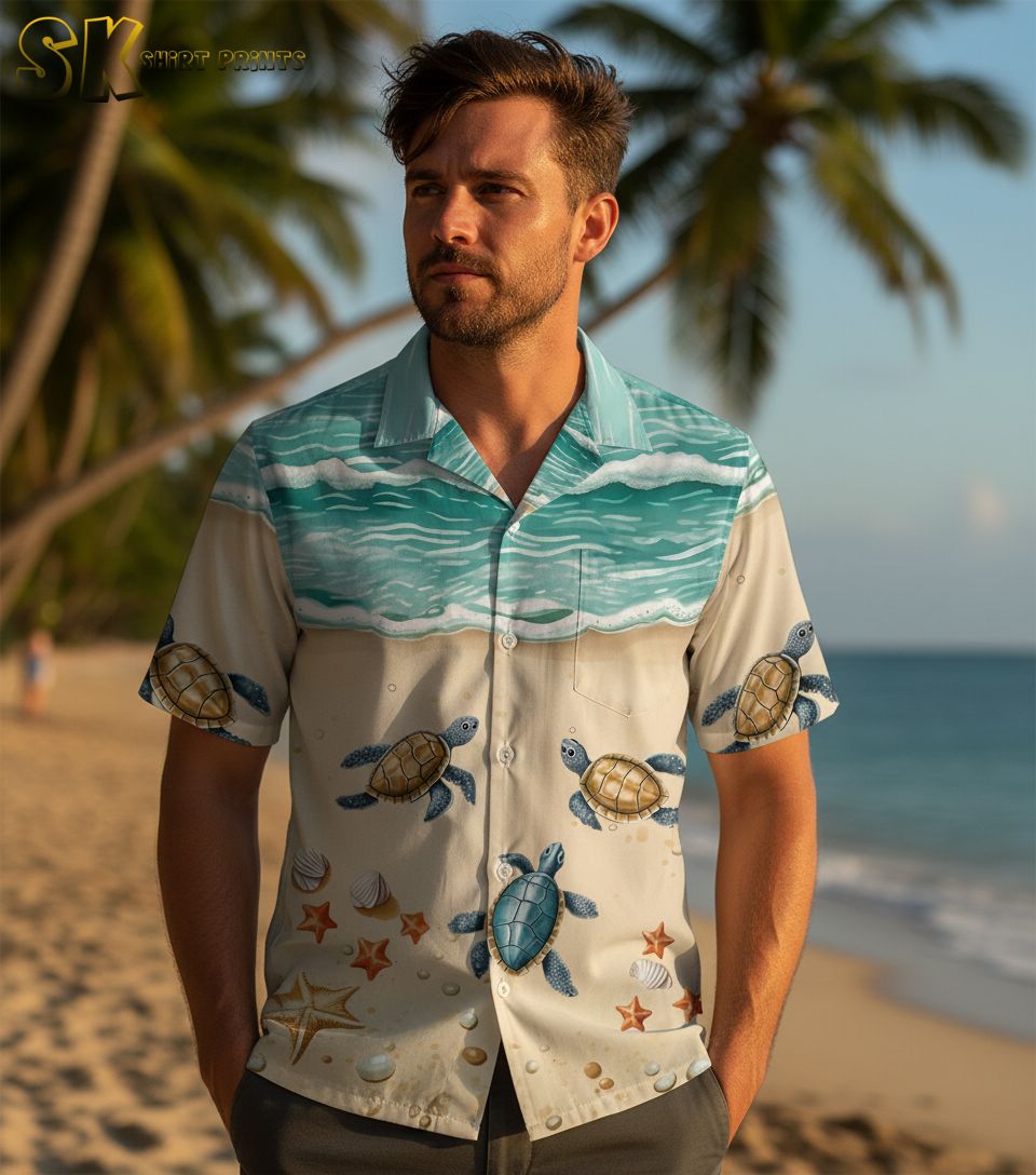 Collection overview showing multiple sea turtle Aloha shirt designs displayed side by side