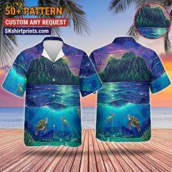 Male model wearing sea turtle pattern Aloha shirt outdoors in casual lifestyle pose