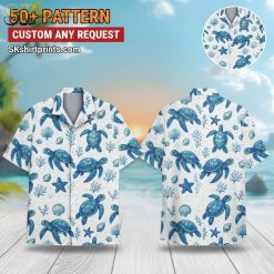 Male model wearing turtle print Hawaiian shirt outdoors in casual lifestyle setting