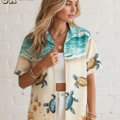 Size chart and fabric details infographic for Hawaiian shirt with turtle design specifications