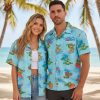 Model showcasing turtle pattern Aloha shirt in vacation-themed lifestyle photography