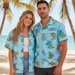 Model showcasing turtle pattern Aloha shirt in vacation-themed lifestyle photography