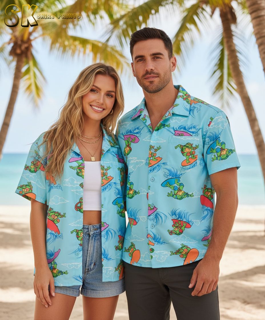 Model showcasing turtle pattern Aloha shirt in vacation-themed lifestyle photography