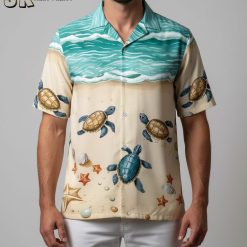 Person modeling turtle print Aloha shirt in relaxed outdoor lifestyle photo