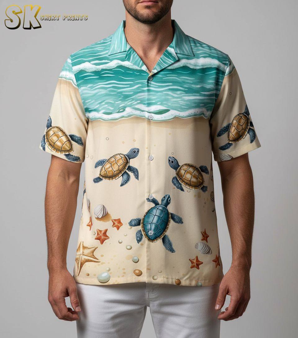 Person modeling turtle print Aloha shirt in relaxed outdoor lifestyle photo