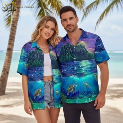 Person modeling turtle print Aloha shirt in relaxed beach vacation outfit styling