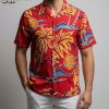 Vintage aloha shirt with retro island paradise print featuring palm trees and tropical motifs