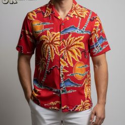 Vintage aloha shirt with retro island paradise print featuring palm trees and tropical motifs