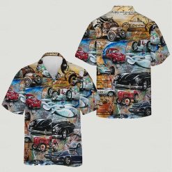 Man wearing custom car hawaiian shirt featuring vintage automobiles with retro script background
