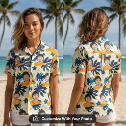Woman wearing custom Hawaiian shirt with face, blue monstera leaves, orange flowers