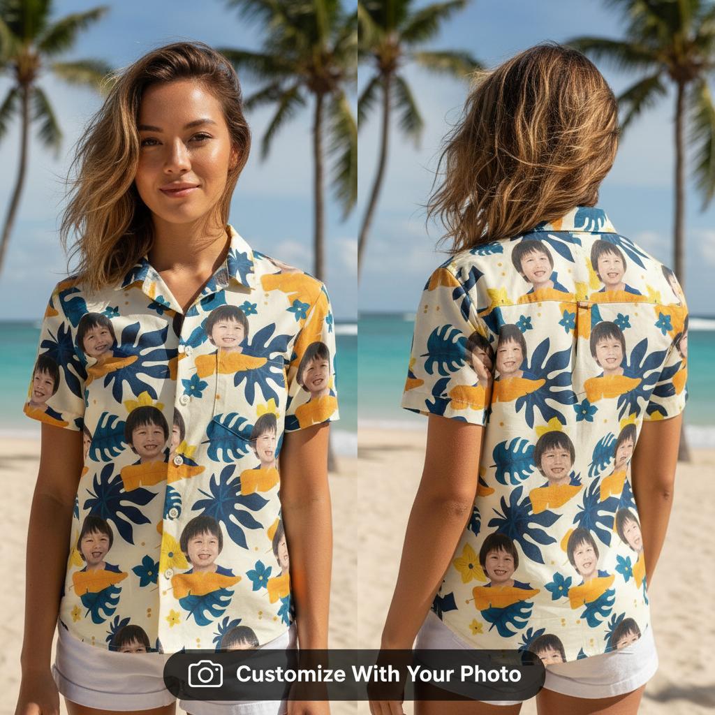 Woman wearing custom Hawaiian shirt with face, blue monstera leaves, orange flowers