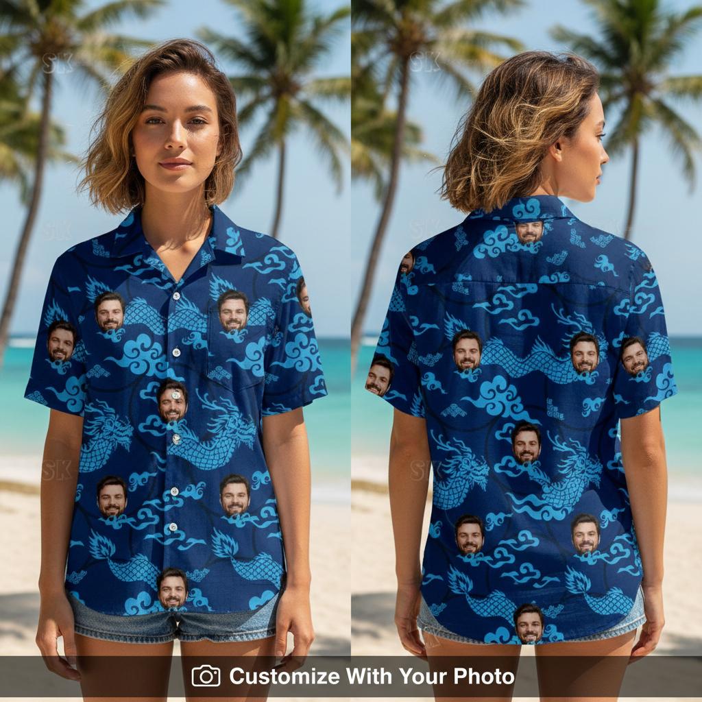 Woman wearing a blue Hawaiian shirt with dragons and swirling clouds design