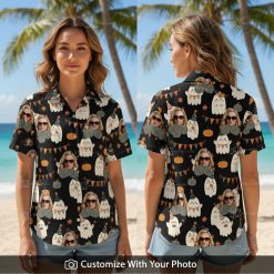 Woman wearing a fun Halloween Hawaiian shirt with playful ghosts and pumpkins