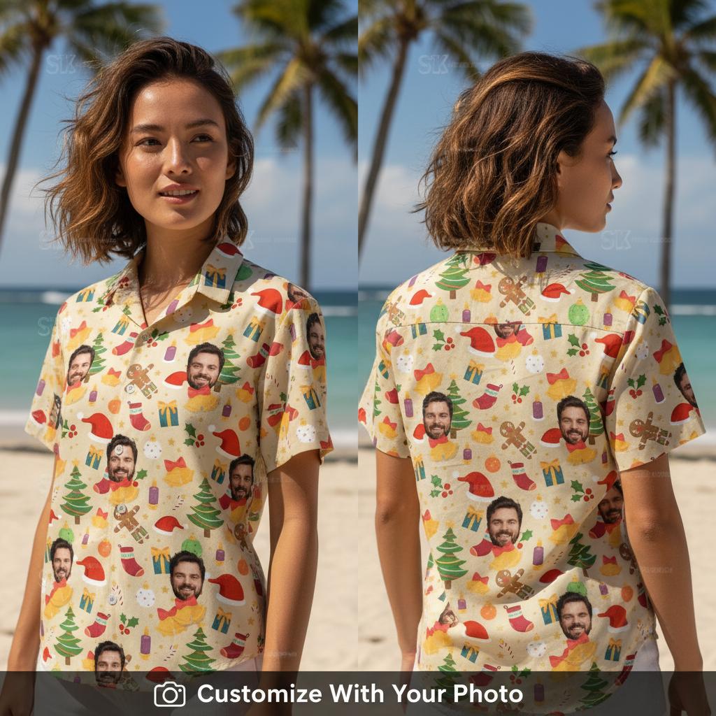 Woman in festive Hawaiian Christmas shirt with face pattern, Santa hats, and green trees