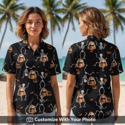 Woman wearing vintage Hawaiian Halloween shirt with skeletons, pumpkins, and bats print