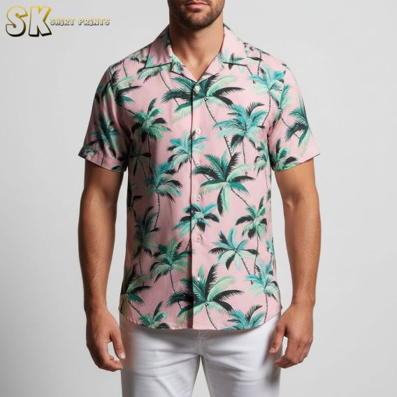 Female model in floral Hawaiian shirt posing outdoors with tropical background and natural lighting